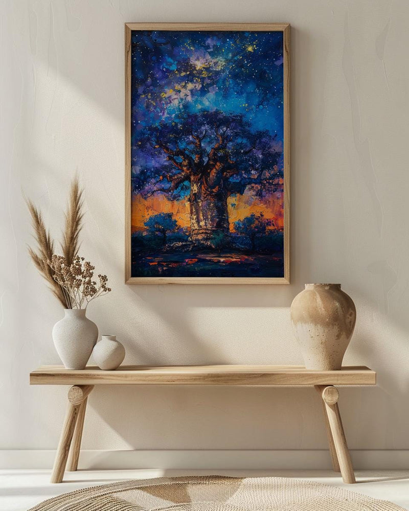Baobab Tree Art, African Landscape, Tree of Life Print, Impasto Oil Painting, Starry Night, Mystical Decor, Nature Lover Gift