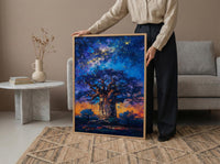 Baobab Tree Art, African Landscape, Tree of Life Print, Impasto Oil Painting, Starry Night, Mystical Decor, Nature Lover Gift