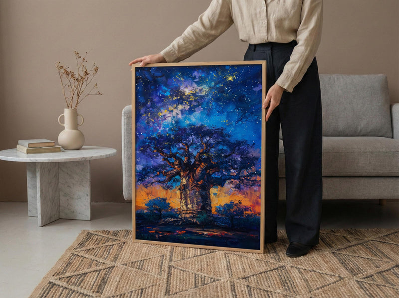 Baobab Tree Art, African Landscape, Tree of Life Print, Impasto Oil Painting, Starry Night, Mystical Decor, Nature Lover Gift