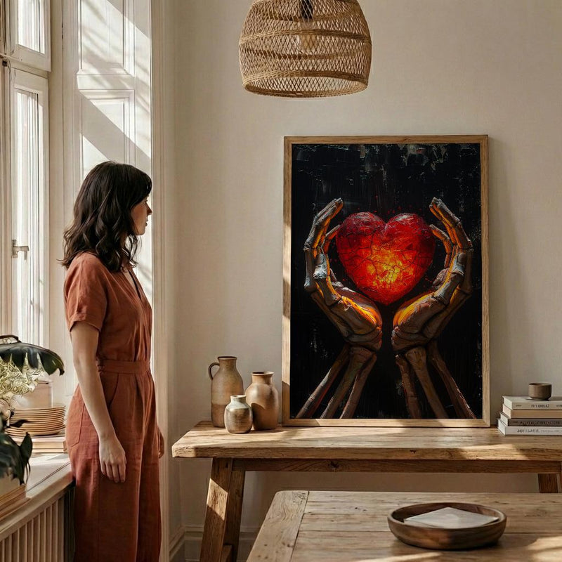 Skeleton Hands Heart, Anatomical Heart Art, Dark Love Print, Impasto Oil Painting, Gothic Symbol, Medical Decor, Eternal Love