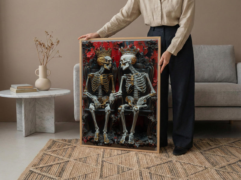 Skeleton King Queen, Royal Gothic Art, Crown Skull Print, Impasto Oil Painting, Throne Room, Dark Fantasy Decor, Power Couple