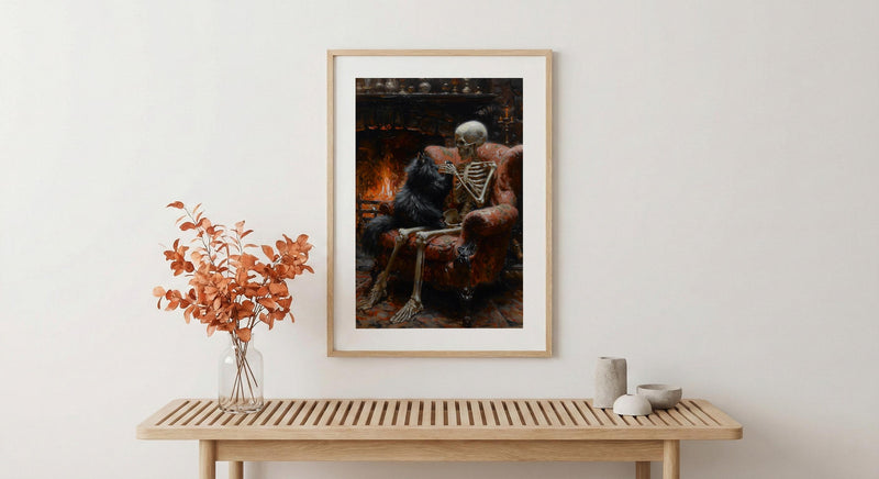 Skeleton with Cat Art, Black Cat Print, Cozy Gothic Decor, Impasto Oil Painting, Fireplace Scene, Cat Lover Gift, Whimsical Art