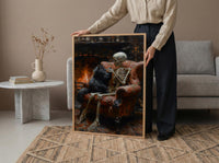 Skeleton with Cat Art, Black Cat Print, Cozy Gothic Decor, Impasto Oil Painting, Fireplace Scene, Cat Lover Gift, Whimsical Art