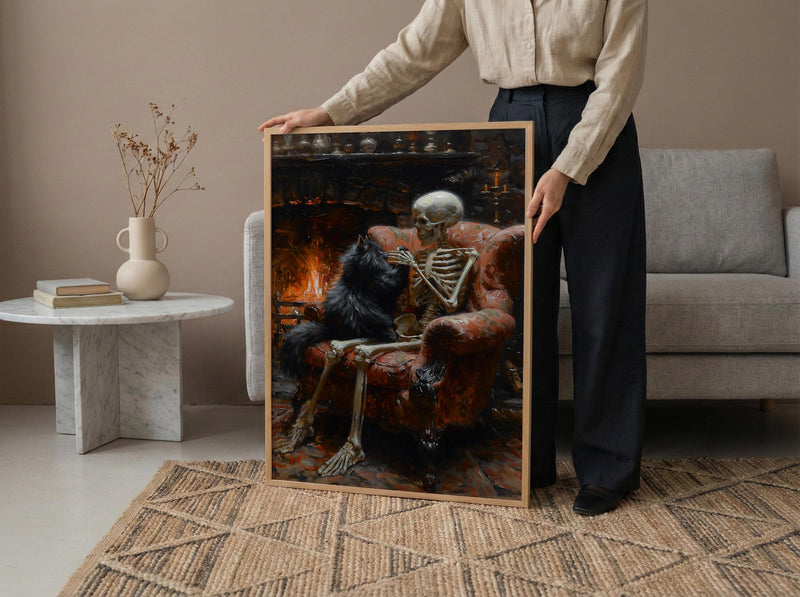 Skeleton with Cat Art, Black Cat Print, Cozy Gothic Decor, Impasto Oil Painting, Fireplace Scene, Cat Lover Gift, Whimsical Art
