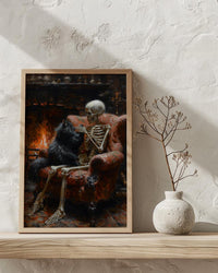 Skeleton with Cat Art, Black Cat Print, Cozy Gothic Decor, Impasto Oil Painting, Fireplace Scene, Cat Lover Gift, Whimsical Art