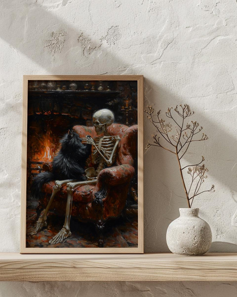 Skeleton with Cat Art, Black Cat Print, Cozy Gothic Decor, Impasto Oil Painting, Fireplace Scene, Cat Lover Gift, Whimsical Art