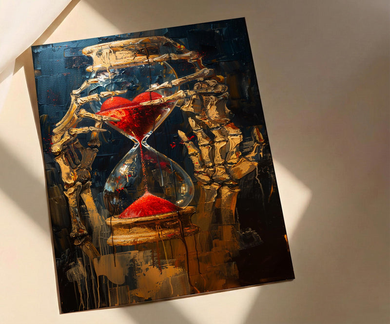 Hourglass Art Print, Skeleton Time Decor, Memento Mori, Impasto Oil Painting, Red Sand, Gothic Symbolism, Philosophical Art