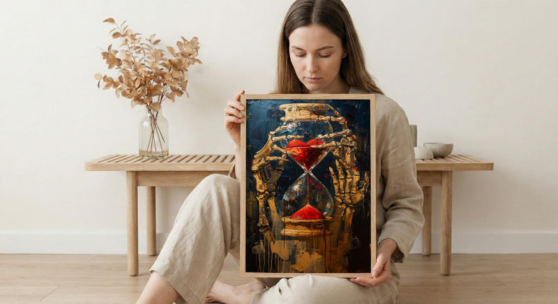 Hourglass Art Print, Skeleton Time Decor, Memento Mori, Impasto Oil Painting, Red Sand, Gothic Symbolism, Philosophical Art