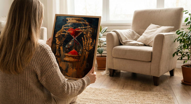Hourglass Art Print, Skeleton Time Decor, Memento Mori, Impasto Oil Painting, Red Sand, Gothic Symbolism, Philosophical Art