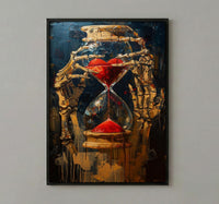 Hourglass Art Print, Skeleton Time Decor, Memento Mori, Impasto Oil Painting, Red Sand, Gothic Symbolism, Philosophical Art