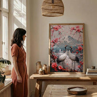 Japanese Art Print, Sakura Heart, Cherry Blossom Decor, Impasto Oil Painting, Crane Bird Art, Zen Wall Decor, Pink Floral, Wedding Gift