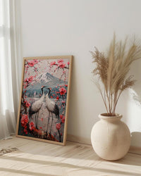 Japanese Art Print, Sakura Heart, Cherry Blossom Decor, Impasto Oil Painting, Crane Bird Art, Zen Wall Decor, Pink Floral, Wedding Gift