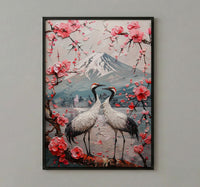 Japanese Art Print, Sakura Heart, Cherry Blossom Decor, Impasto Oil Painting, Crane Bird Art, Zen Wall Decor, Pink Floral, Wedding Gift