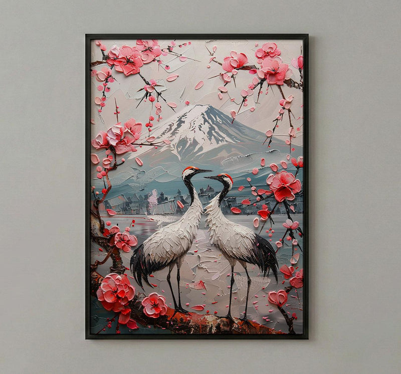 Japanese Art Print, Sakura Heart, Cherry Blossom Decor, Impasto Oil Painting, Crane Bird Art, Zen Wall Decor, Pink Floral, Wedding Gift