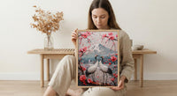 Japanese Art Print, Sakura Heart, Cherry Blossom Decor, Impasto Oil Painting, Crane Bird Art, Zen Wall Decor, Pink Floral, Wedding Gift
