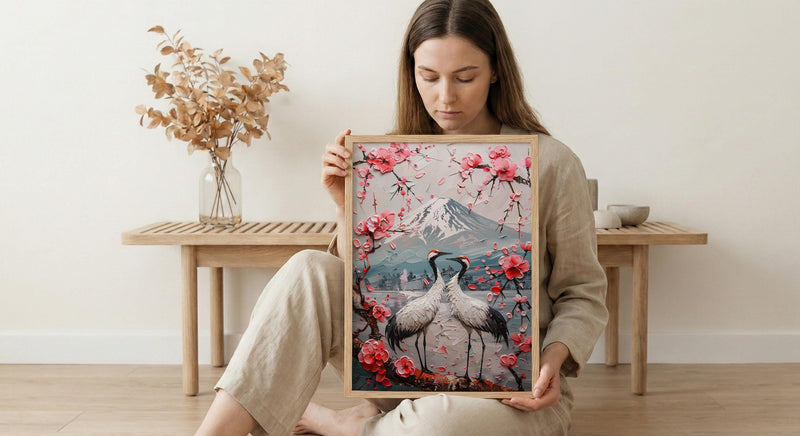 Japanese Art Print, Sakura Heart, Cherry Blossom Decor, Impasto Oil Painting, Crane Bird Art, Zen Wall Decor, Pink Floral, Wedding Gift