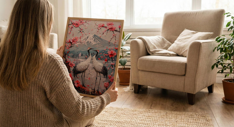 Japanese Art Print, Sakura Heart, Cherry Blossom Decor, Impasto Oil Painting, Crane Bird Art, Zen Wall Decor, Pink Floral, Wedding Gift