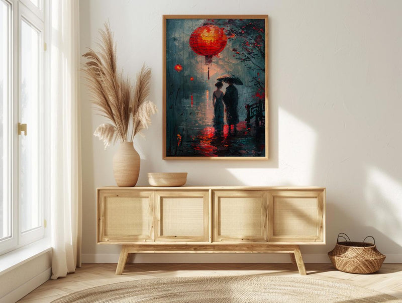 Asian Couple Art, Red Lantern Print, Romantic Night, Impasto Oil Painting, Traditional Chinese Decor, Love Gift, Bridge Scene
