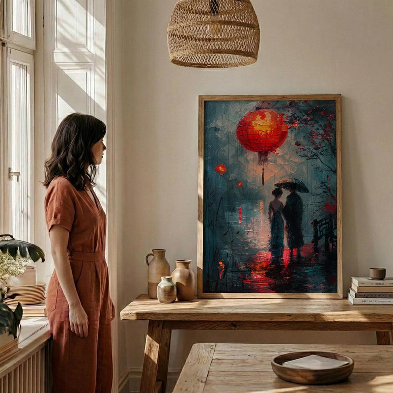 Asian Couple Art, Red Lantern Print, Romantic Night, Impasto Oil Painting, Traditional Chinese Decor, Love Gift, Bridge Scene