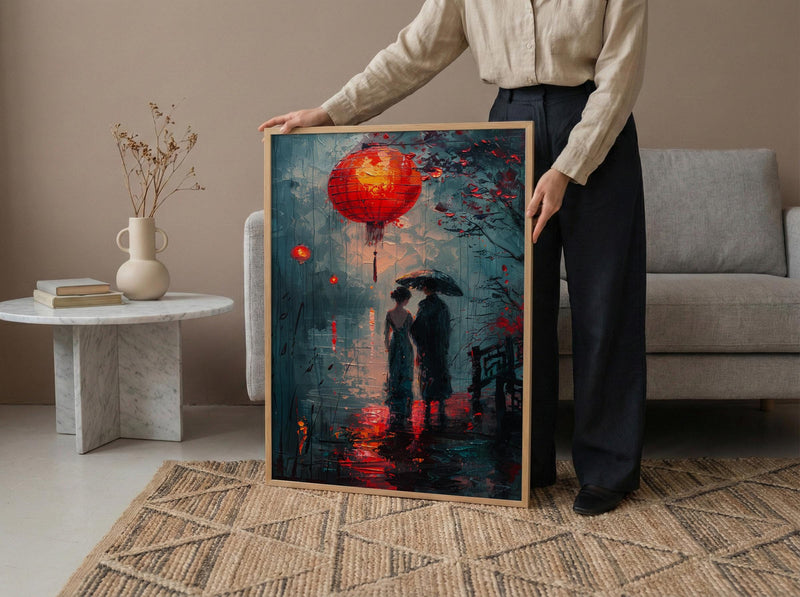 Asian Couple Art, Red Lantern Print, Romantic Night, Impasto Oil Painting, Traditional Chinese Decor, Love Gift, Bridge Scene