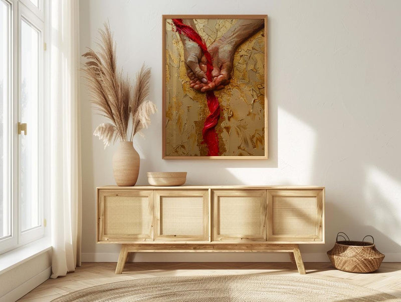 Red Thread of Fate, Soulmate Art, Japanese Legend, Impasto Oil Painting, Minimalist Love Gift, Destiny Print, Hand Gesture