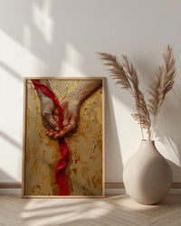 Red Thread of Fate, Soulmate Art, Japanese Legend, Impasto Oil Painting, Minimalist Love Gift, Destiny Print, Hand Gesture