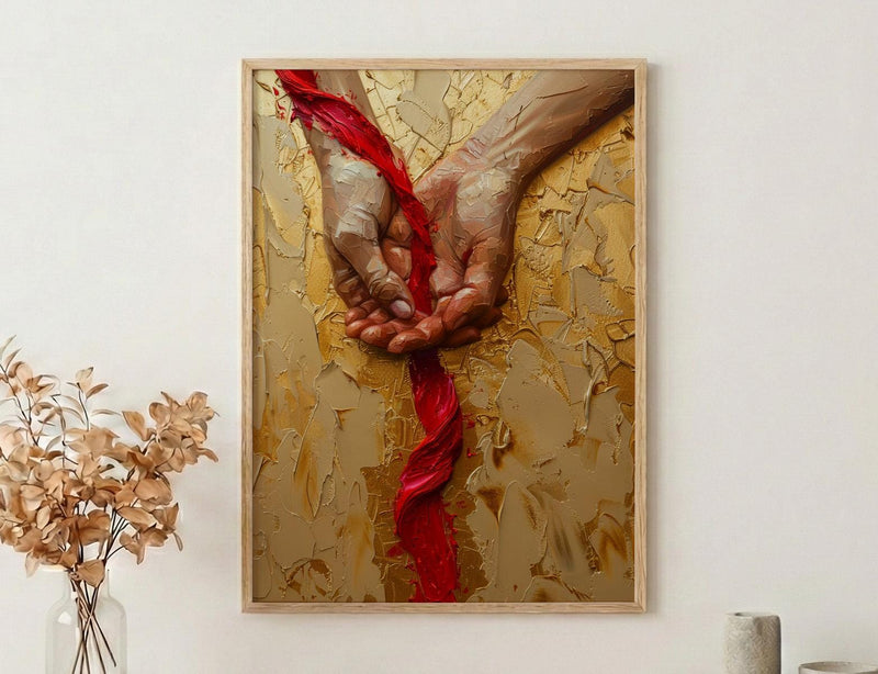 Red Thread of Fate, Soulmate Art, Japanese Legend, Impasto Oil Painting, Minimalist Love Gift, Destiny Print, Hand Gesture