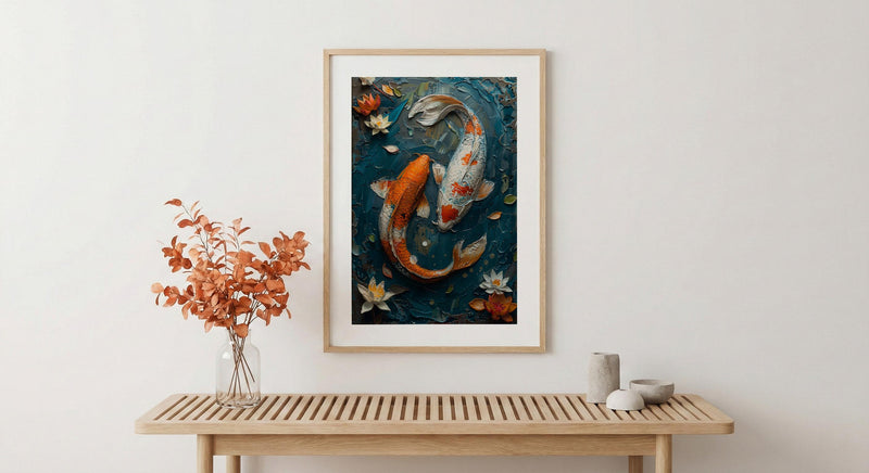 Koi Fish Art, Yin Yang Love, Pond Painting, Impasto Oil Painting, Feng Shui Decor, Zen Garden Print, Good Luck Gift