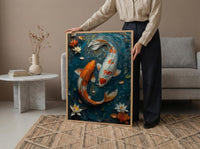 Koi Fish Art, Yin Yang Love, Pond Painting, Impasto Oil Painting, Feng Shui Decor, Zen Garden Print, Good Luck Gift