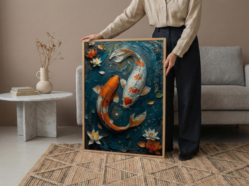 Koi Fish Art, Yin Yang Love, Pond Painting, Impasto Oil Painting, Feng Shui Decor, Zen Garden Print, Good Luck Gift