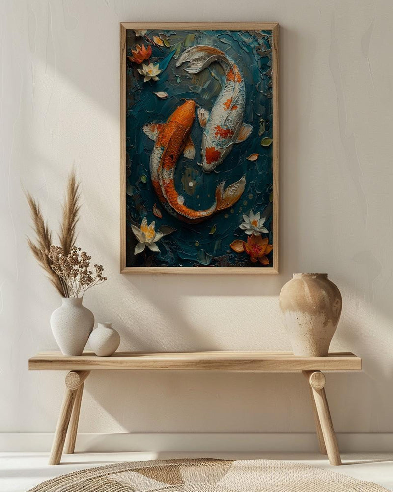 Koi Fish Art, Yin Yang Love, Pond Painting, Impasto Oil Painting, Feng Shui Decor, Zen Garden Print, Good Luck Gift