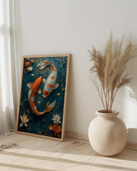 Koi Fish Art, Yin Yang Love, Pond Painting, Impasto Oil Painting, Feng Shui Decor, Zen Garden Print, Good Luck Gift