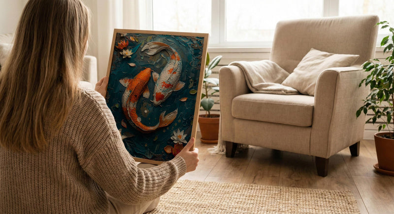 Koi Fish Art, Yin Yang Love, Pond Painting, Impasto Oil Painting, Feng Shui Decor, Zen Garden Print, Good Luck Gift