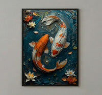 Koi Fish Art, Yin Yang Love, Pond Painting, Impasto Oil Painting, Feng Shui Decor, Zen Garden Print, Good Luck Gift