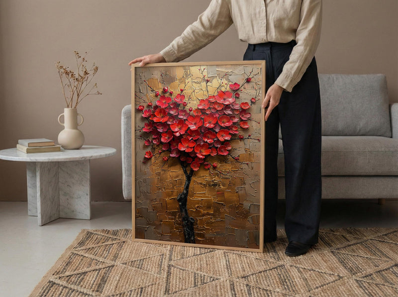 Floral Heart Art, Camellia Flower, Asian Botanical, Impasto Oil Painting, Nature Love, Spring Wall Decor, Gold Leaf Texture
