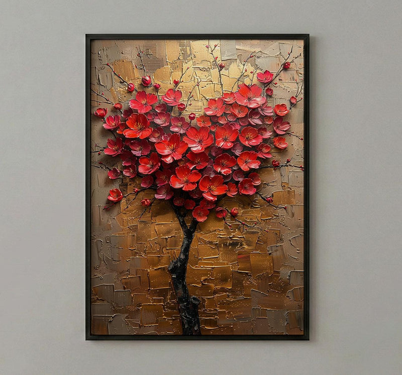 Floral Heart Art, Camellia Flower, Asian Botanical, Impasto Oil Painting, Nature Love, Spring Wall Decor, Gold Leaf Texture