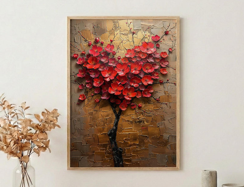 Floral Heart Art, Camellia Flower, Asian Botanical, Impasto Oil Painting, Nature Love, Spring Wall Decor, Gold Leaf Texture