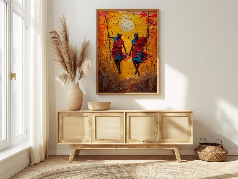 Masai Warrior Art, Kenya Travel Print, African Dance, Impasto Oil Painting, Sunset Silhouette, Cultural Wall Art, Best Friend Gift