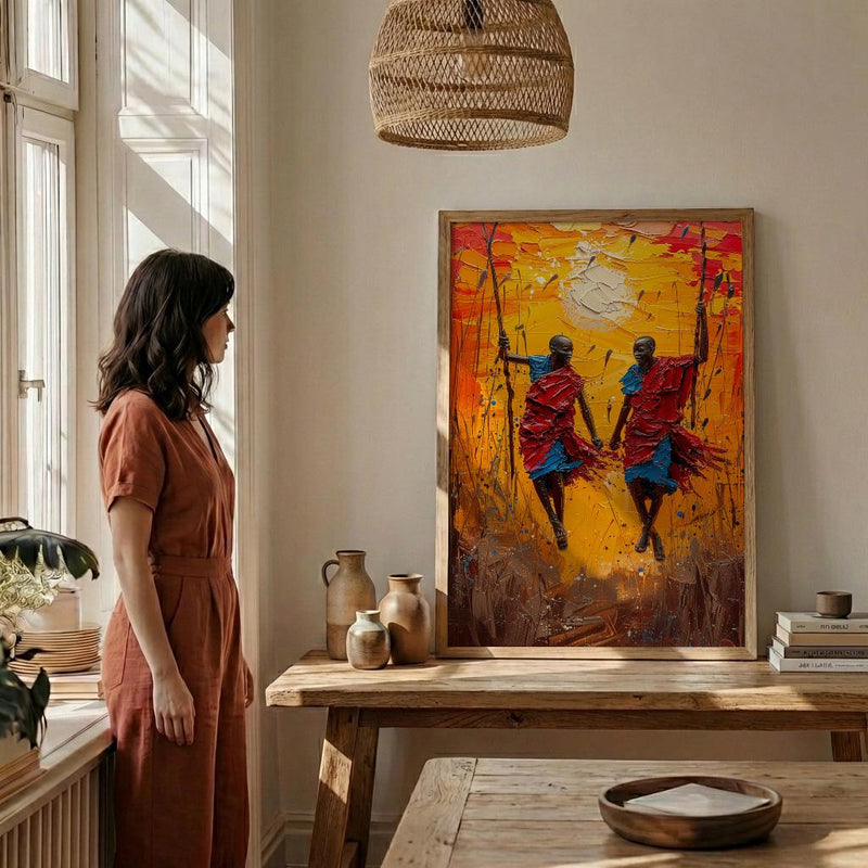 Masai Warrior Art, Kenya Travel Print, African Dance, Impasto Oil Painting, Sunset Silhouette, Cultural Wall Art, Best Friend Gift