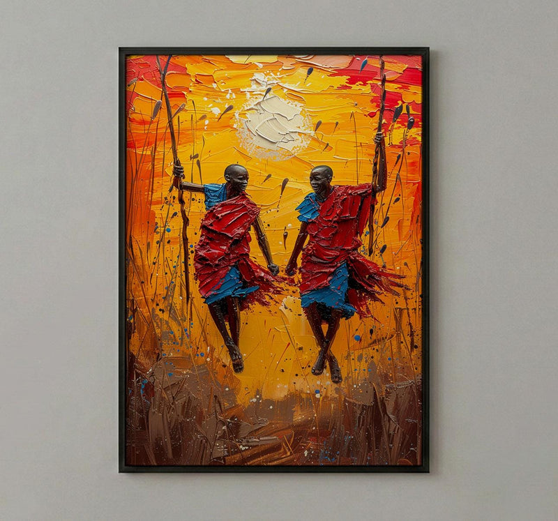 Masai Warrior Art, Kenya Travel Print, African Dance, Impasto Oil Painting, Sunset Silhouette, Cultural Wall Art, Best Friend Gift