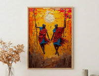 Masai Warrior Art, Kenya Travel Print, African Dance, Impasto Oil Painting, Sunset Silhouette, Cultural Wall Art, Best Friend Gift