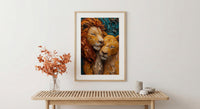 Lion Couple Art, Wildlife Wall Decor, Safari Animal Print, Impasto Oil Painting, King and Queen, New Mom Gift, Golden Manes