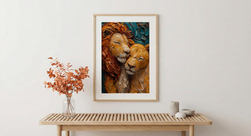 Lion Couple Art, Wildlife Wall Decor, Safari Animal Print, Impasto Oil Painting, King and Queen, New Mom Gift, Golden Manes