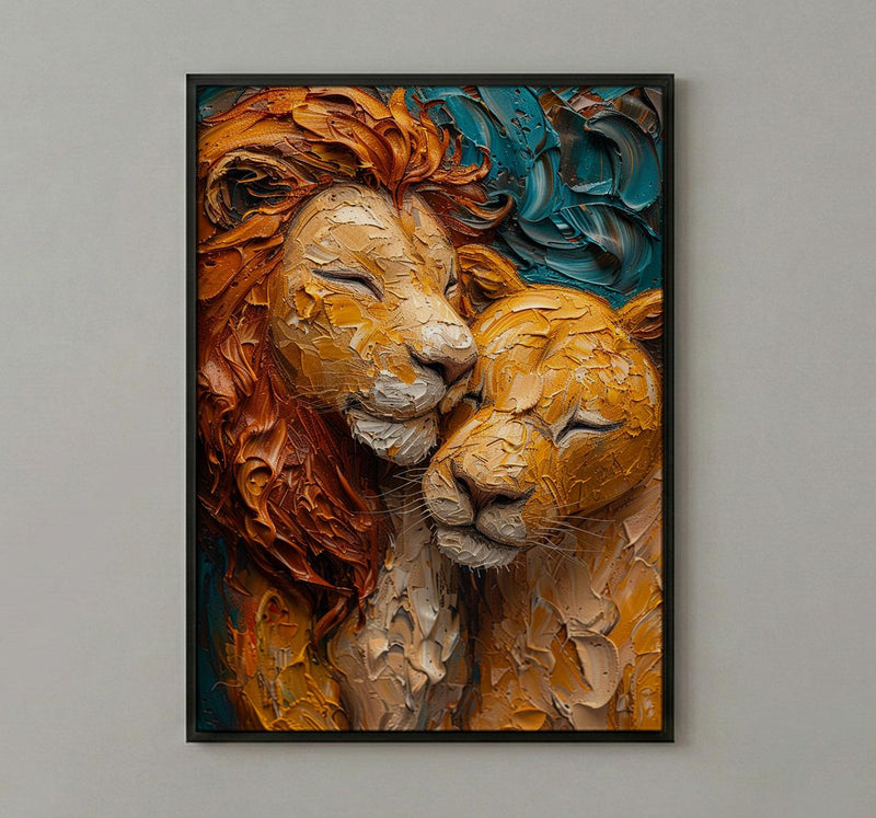 Lion Couple Art, Wildlife Wall Decor, Safari Animal Print, Impasto Oil Painting, King and Queen, New Mom Gift, Golden Manes