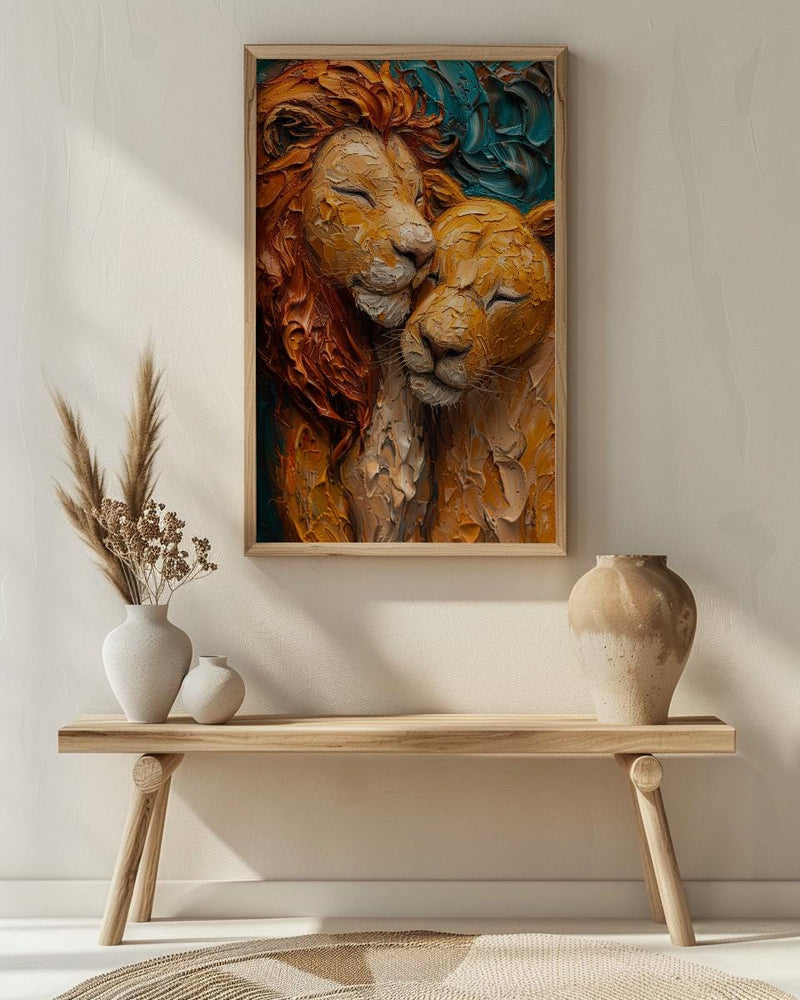 Lion Couple Art, Wildlife Wall Decor, Safari Animal Print, Impasto Oil Painting, King and Queen, New Mom Gift, Golden Manes