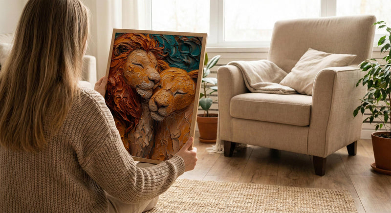 Lion Couple Art, Wildlife Wall Decor, Safari Animal Print, Impasto Oil Painting, King and Queen, New Mom Gift, Golden Manes