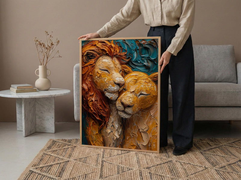 Lion Couple Art, Wildlife Wall Decor, Safari Animal Print, Impasto Oil Painting, King and Queen, New Mom Gift, Golden Manes