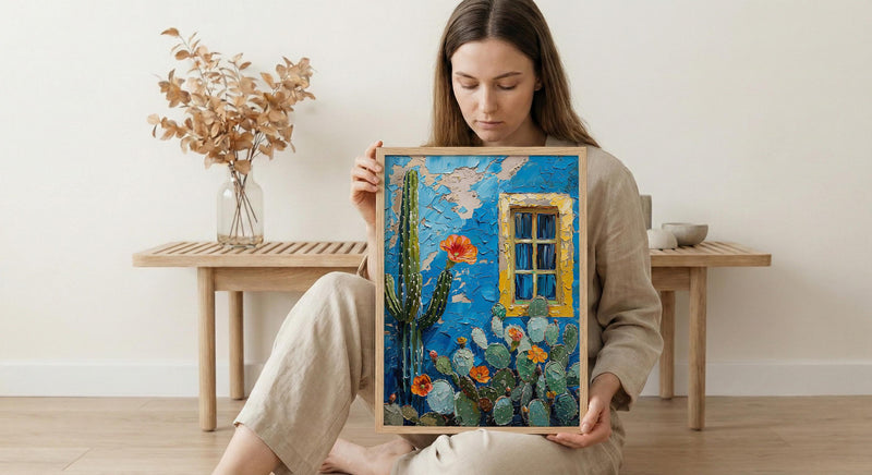 Moroccan Wall Art, Majorelle Garden Print, Electric Blue Cactus Painting, Boho African Decor, Marrakech Travel Poster