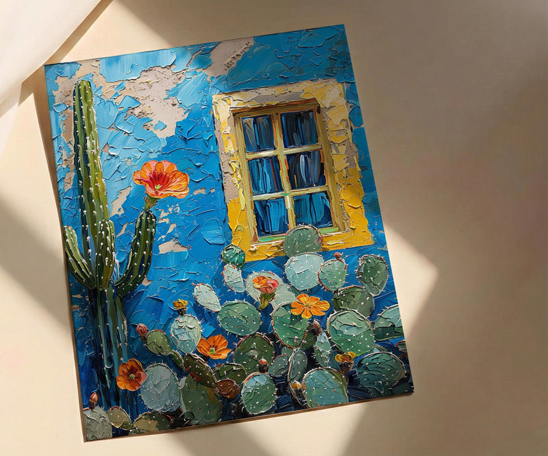 Moroccan Wall Art, Majorelle Garden Print, Electric Blue Cactus Painting, Boho African Decor, Marrakech Travel Poster