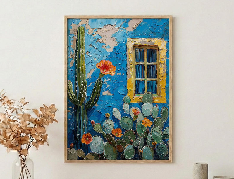 Moroccan Wall Art, Majorelle Garden Print, Electric Blue Cactus Painting, Boho African Decor, Marrakech Travel Poster